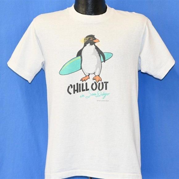 Tops - 90S Chill Out San Diego California Surf Rockhopper Penguin Surfboard Shirt